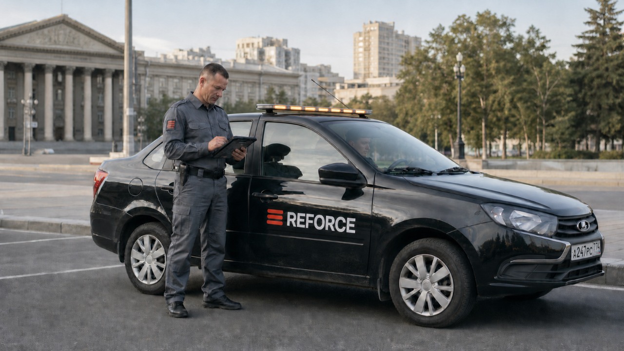 Сотрудник группы быстрого реагирования Reforce у служебного автомобиля